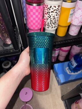 Studded Ombre Tumbler - Teal to Red with Straw